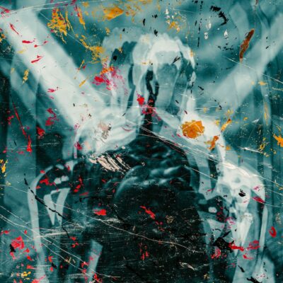 a painting of a man standing in front of a fire